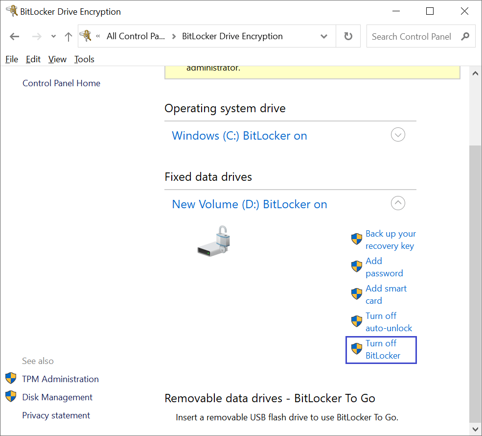 Turn off BitLocker step by step
