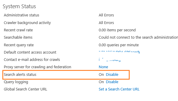 disable search alert status in SharePoint search