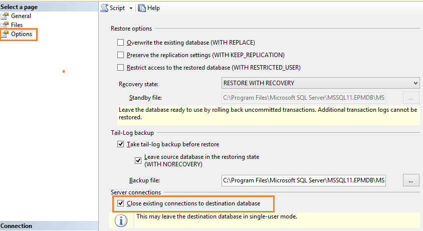 close existing connections to destination database