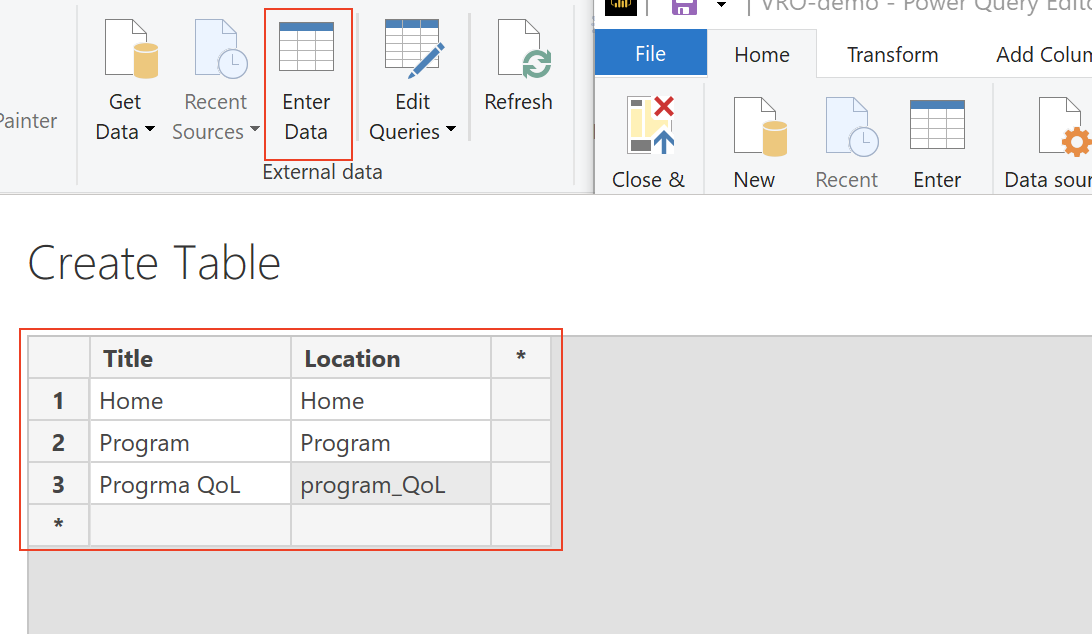 Create a data table in Power BI