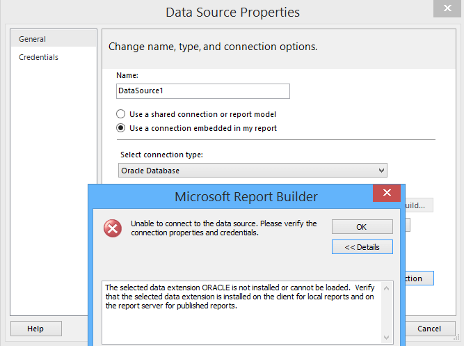 SSRS The selected data extension ORACLE is not installed or cannot be loaded.  Verify that the selected data extension is installed on the client for local reports and on the report server for published reports