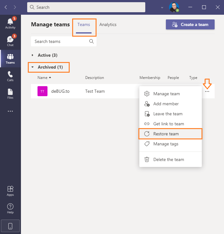 restore an archived team in Microsoft Teams