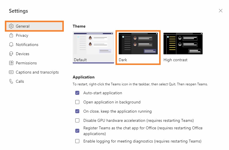 how to enable dark mode in Microsoft Team desktop app