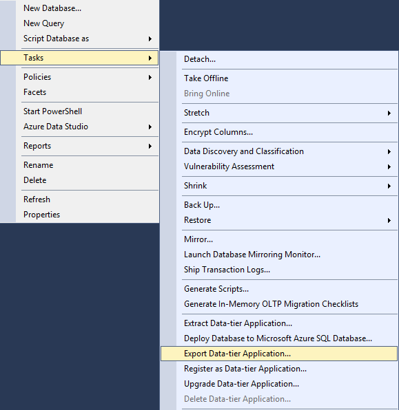 export data-tier application In SQL server