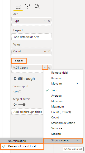 Show percent of the total as a tooltip in bar chart power bi