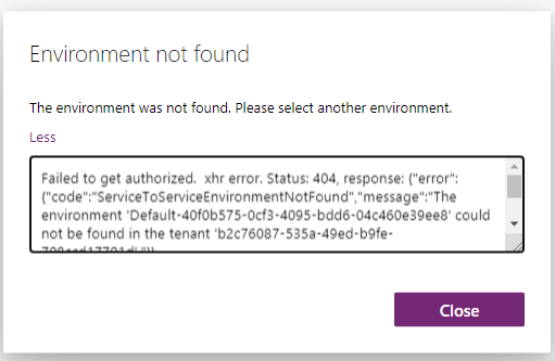 Power Apps Environment not found. please select another environment