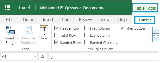 Excel online missing table name in table tools