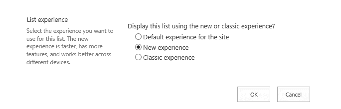 switch from classic experience to Modern experience in SharePoint Document Library