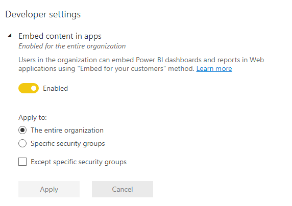 embed power bi dashboard settings in Power BI