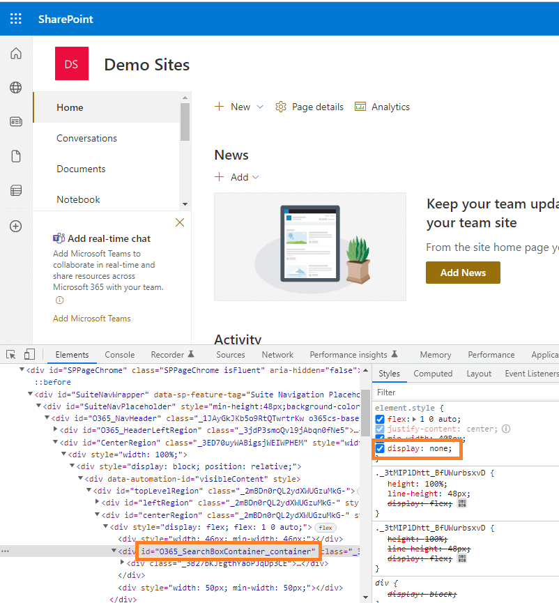hide sharepoint search box for specific page sharepoint online using CSS