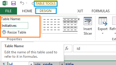 change table name excel online