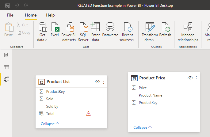 use related function with two unrelated tables in Power BI