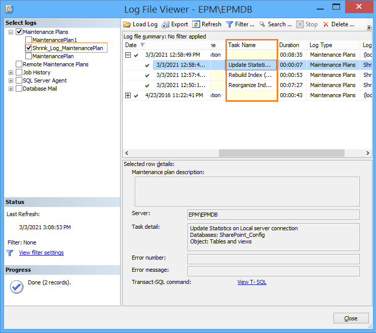 Log file viewer for a Maintenance plan in SQL Server