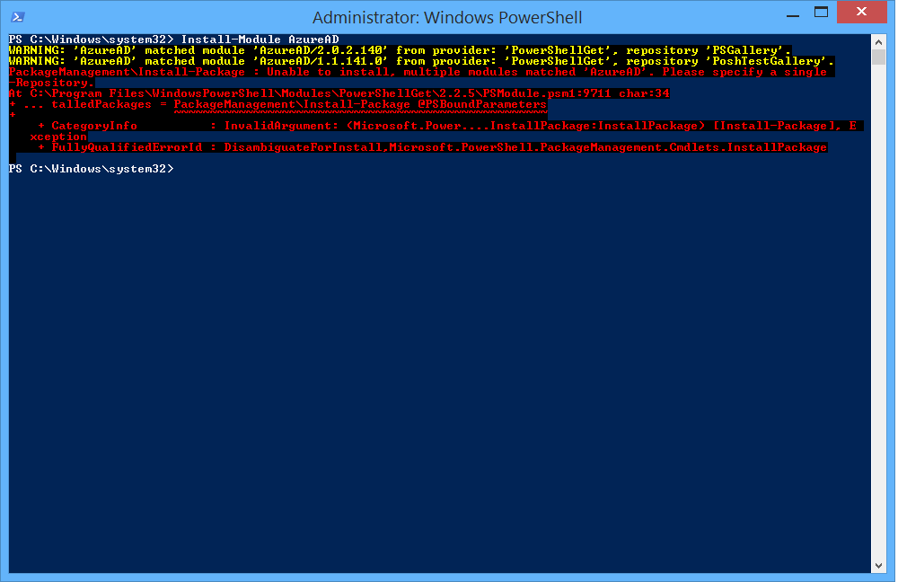 Unable to install, multiple modules matched 'AzureAD'