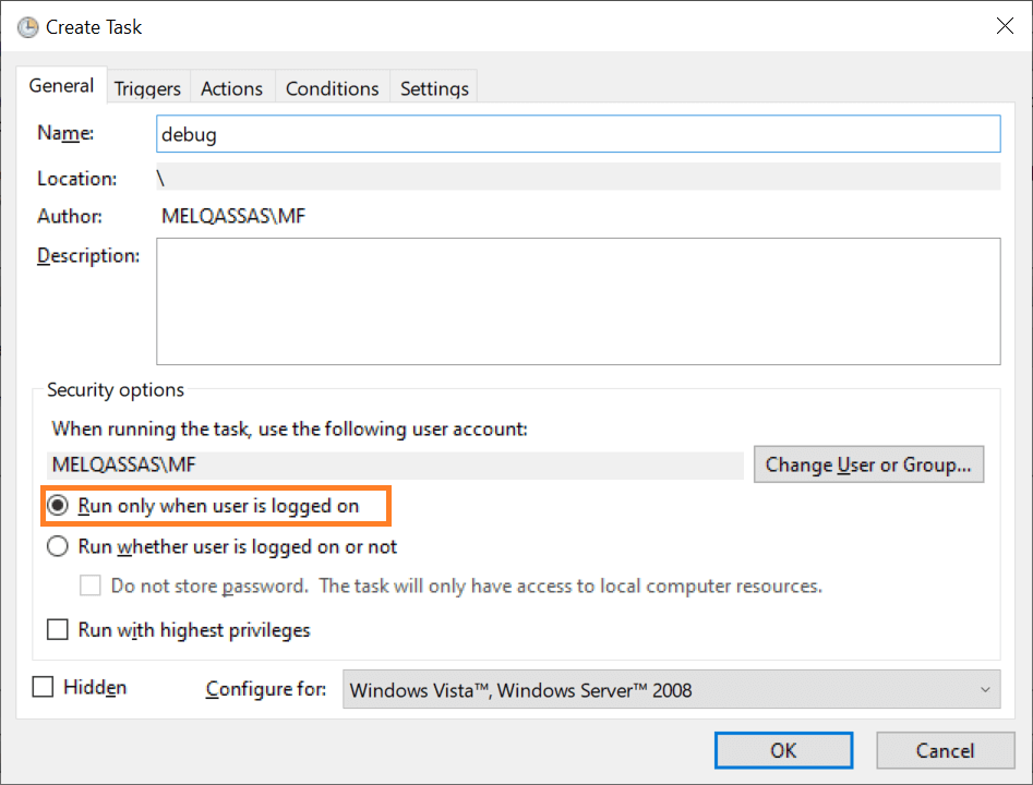 run only when user is logged on windows server 2019