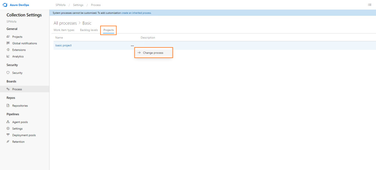change process in Azure DevOps