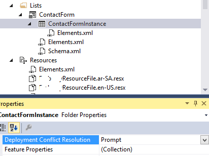 Deployment conflict resolution in visual studio for list instance