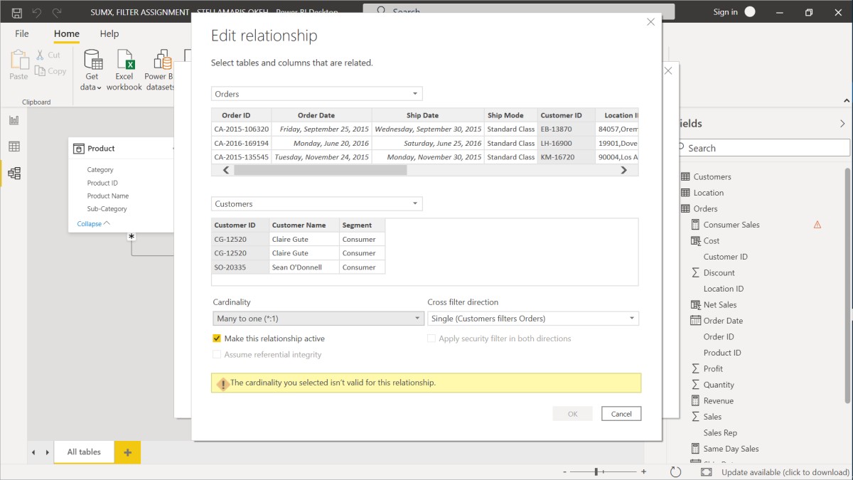 Power BI The Cardinality you selected isn't valid for this relationship