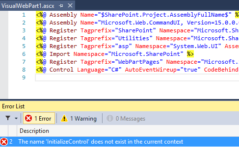 The name 'InitializeControl' does not exist in the current context in SharePoint 2016