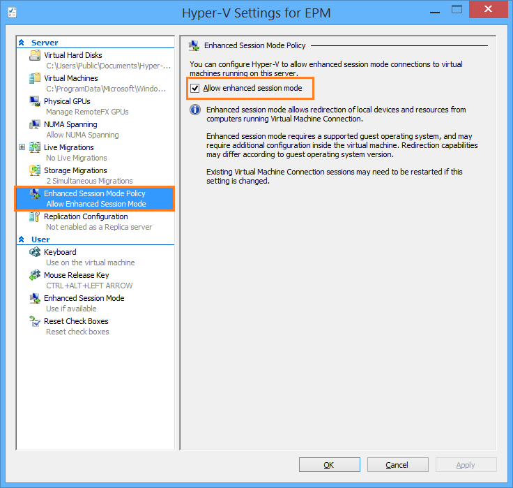 allow enhanced session mode in hyperv