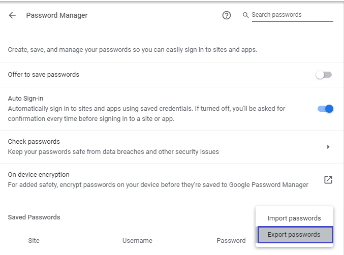 Export  Passwords from Google Chrome