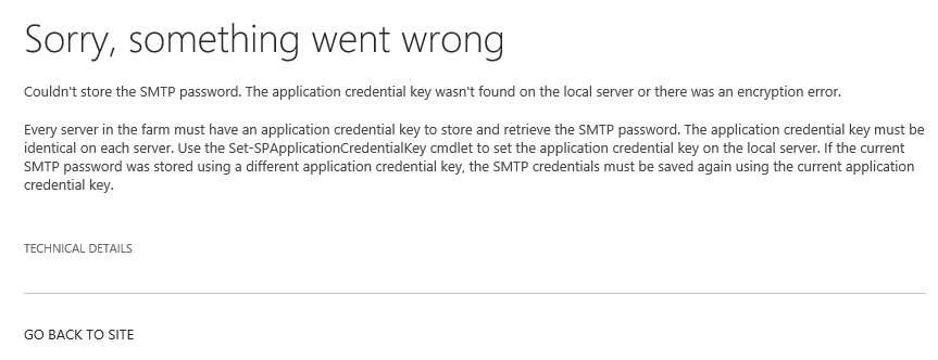couldn't store the SMTP password. The application credential key wasn't found on the local server or there was an encryption error.